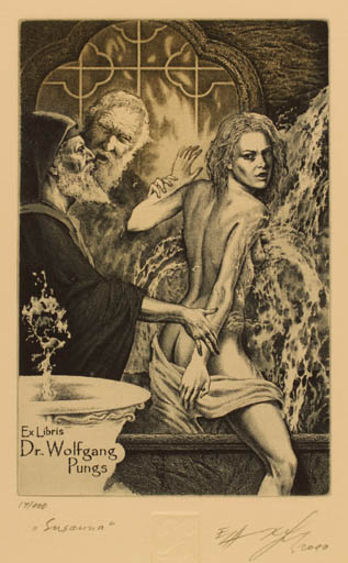 Exlibris by Hristo Naidenov from Bulgaria for Dr. Wolfgang Pungs - Drama Woman Mythology Nude 