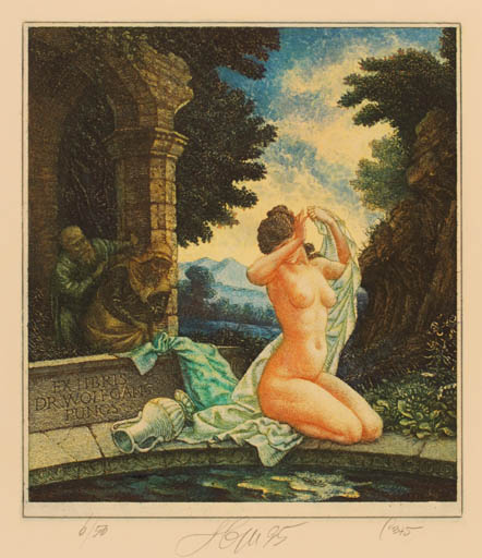 Exlibris by Gennady Vereschagin from Ukraine for Dr. Wolfgang Pungs - Woman Nude Religion 