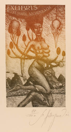 Exlibris by Siegfred Otto Hüttengrund from Germany for Rosemarie Aschenbach - Mythology Surrealism 