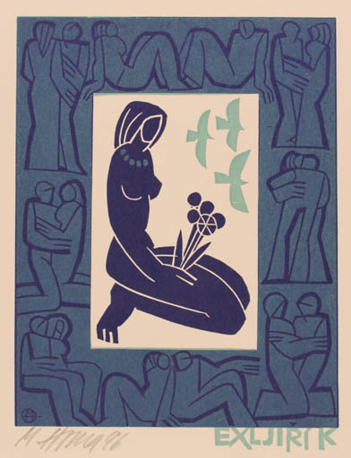 Exlibris by Miroslav Houra from Czech Republic for Jiri K. - Bird Woman Couple 