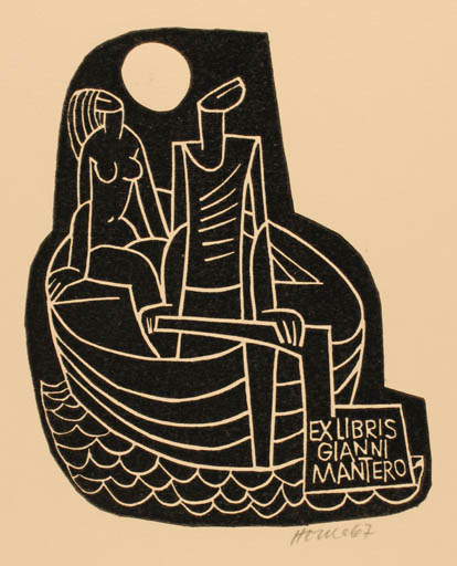 Exlibris by Miroslav Houra from Czech Republic for Gianni Mantero - Couple Ship/Boat Sun 