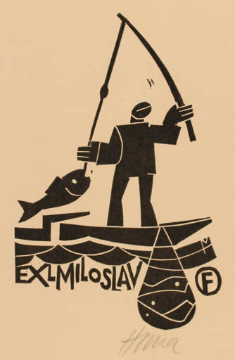 Exlibris by Miroslav Houra from Czech Republic for Miloslav F. - Fish Man Ship/Boat 