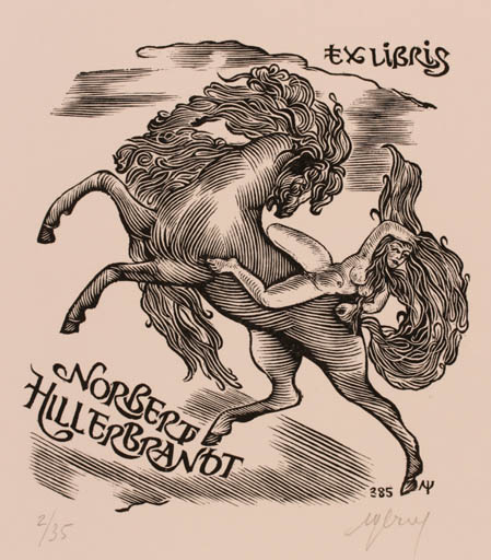 Exlibris by L Tschetnew from Russia for Dr. Norbert Hillerbrandt - Drama Horse Woman 