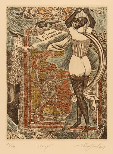 Exlibris by Arnold Feke from Slovak Republic for Dr. Norbert Hillerbrandt - Europa and the Bull Woman Nude 