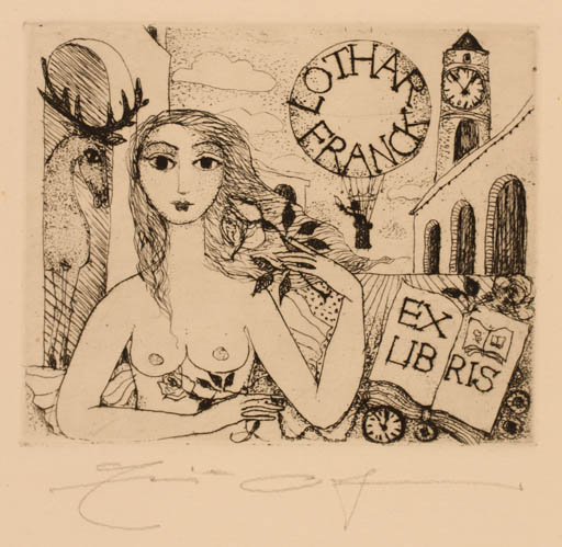 Exlibris by Elfriede Weidenhaus from Germany for Frank Lothar - Woman 