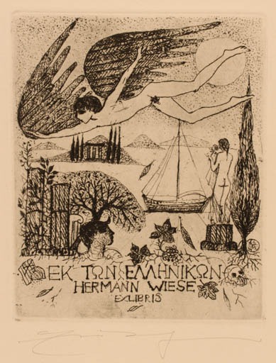 Exlibris by Elfriede Weidenhaus from Germany for Dr. Hermann Wiese - Classical antiquity Scenery/Landscape 