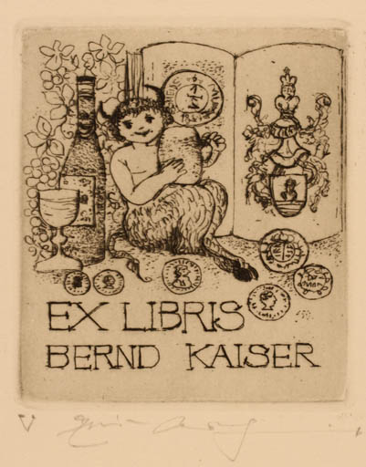 Exlibris by Elfriede Weidenhaus from Germany for Bernd Kaiser - Pan/Faun Wine 