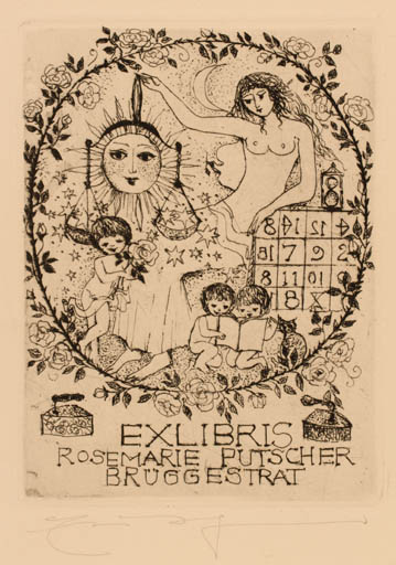 Exlibris by Elfriede Weidenhaus from Germany for Rosemarie Putscher - Child Woman Sun 