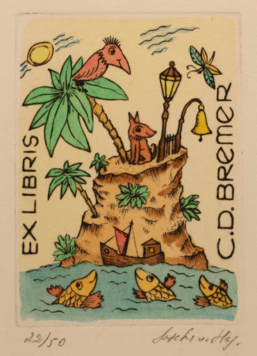 Exlibris by Sascha Hagemeister from Germany for C.D Bremer - Fish Bird Ship/Boat 