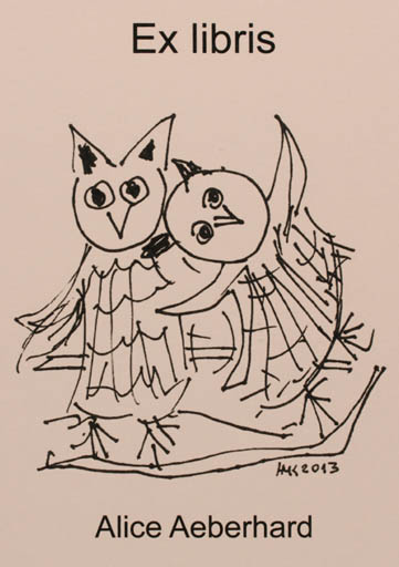 Exlibris by Maria Husag from Schwitzerland for Alice M. Aeberhard - Dancing Owl 