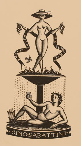 Exlibris by Italo Zetti from Italy for Gino Sabattini - Nude Couple Wine 