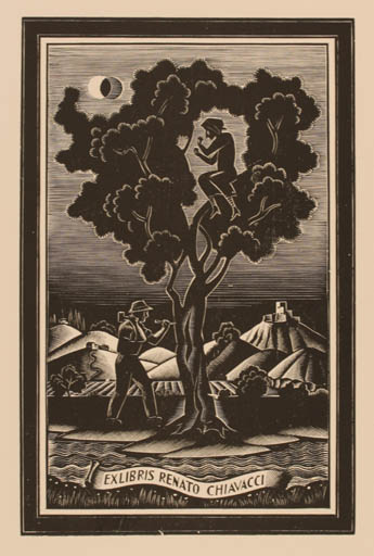 Exlibris by Italo Zetti from Italy for Renato Chiavacci - Working Scenery/Landscape Tree 