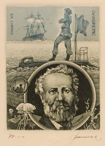 Exlibris by Hedvig Pauwels from Belgium for Dr. Phil Werner Grebe - Literature Maritime Portrait Ship/Boat 