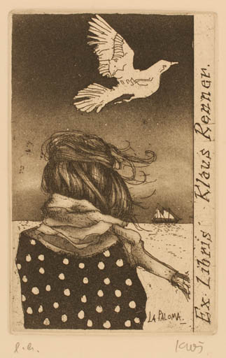 Exlibris by Bodo W. Klös from Germany for Klaus Renner - Bird Woman 