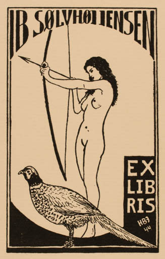 Exlibris by Haagen Bartram-Jensen from Denmark for Ib Sølvhøj Jensen - Bird Woman Nude 