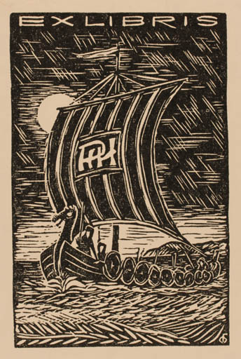 Exlibris by Chr. W. Bauditz from Denmark for ? ? - Ship/Boat Viking 