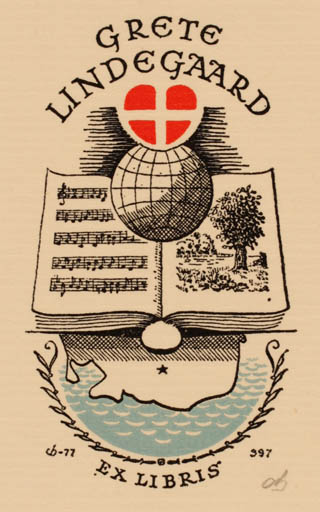 Exlibris by Christian Blæsbjerg from Denmark for Grete Lindegaard - Book Globe Music 