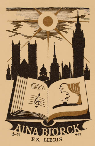 Exlibris by Christian Blæsbjerg from Denmark for Aina Björck - Book City Sun 