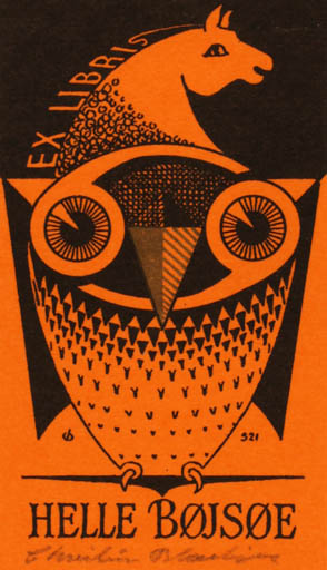 Exlibris by Christian Blæsbjerg from Denmark for Helle Bøjsøe - Owl 