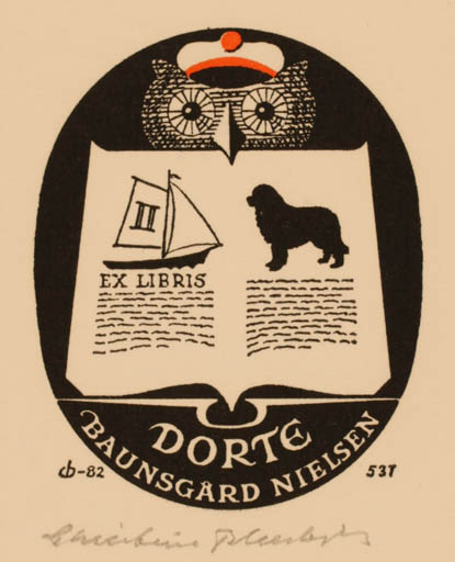 Exlibris by Christian Blæsbjerg from Denmark for Dorte Baunsgård Nielsen - Book Owl 