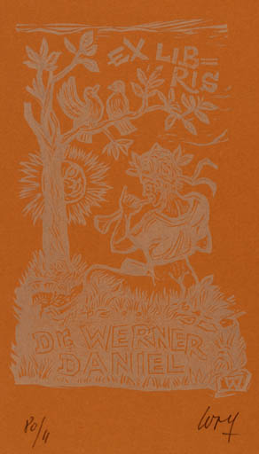 Exlibris by Remo Wolf from Italy for Dr. Werner Daniel - Bird Sun Tree 