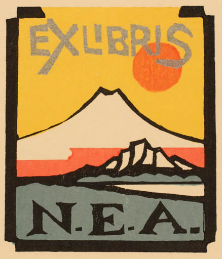 Exlibris by Yoshio Kanamori from Japan for N. E. A. - Mountain Scenery/Landscape Sun 