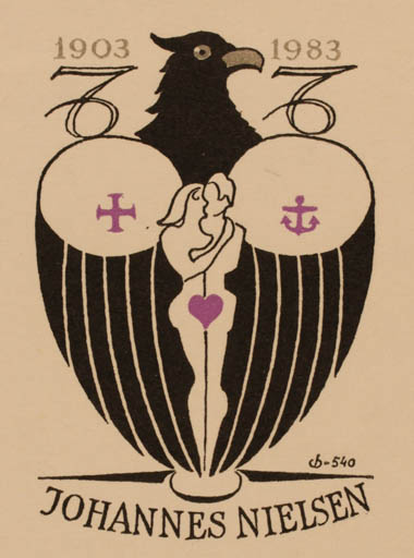 Exlibris by Christian Blæsbjerg from Denmark for Johannes Nielsen - Bird Couple Romance 