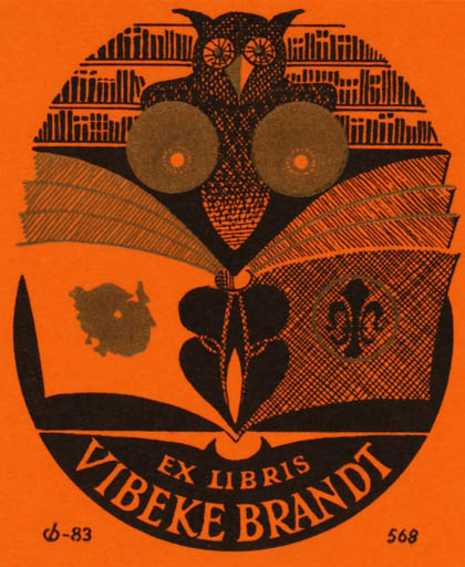 Exlibris by Christian Blæsbjerg from Denmark for Vibeke Brandt - Book Owl 