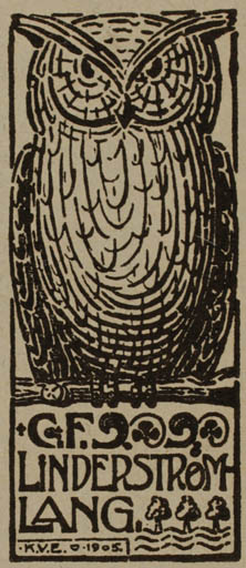 Exlibris by Knud V. Engelhardt from Denmark for C. F Linderstrøm Lang - Owl 