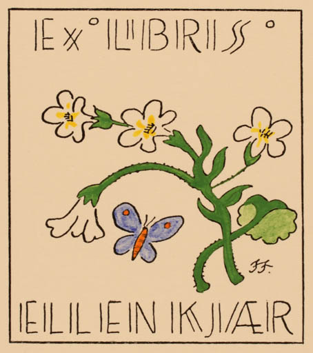 Exlibris by Ivan Feldvoss from Denmark for Ellen Kjær - Flower Butterfly 