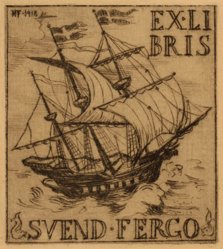 Exlibris by Helge Fergo from Denmark for Svend Fergo - Ship/Boat 