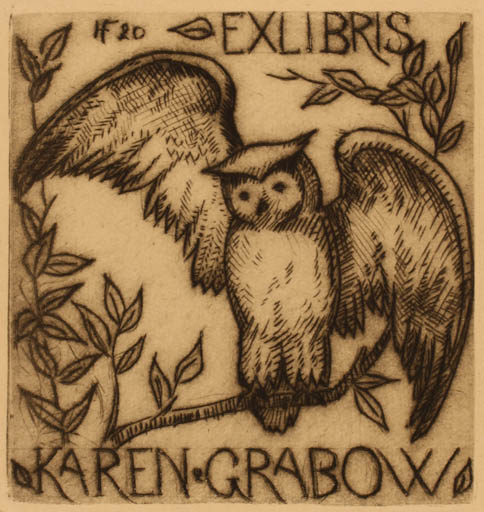 Exlibris by Helge Fergo from Denmark for Karen Grabow - Owl 