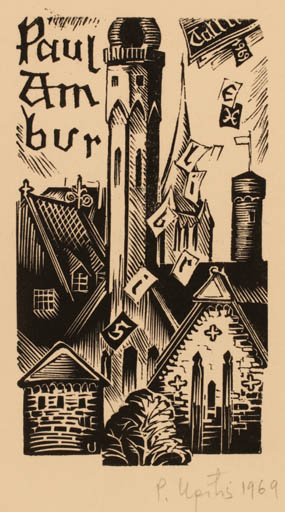 Exlibris by Peteris Upitis from Latvia for Paul Ambur - City 