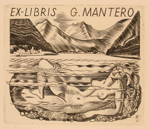 Exlibris by Michel Jamar from France for Gianni Mantero - Mountain Woman Scenery/Landscape 