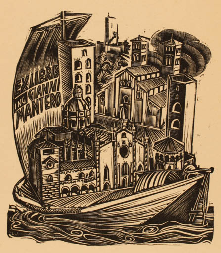 Exlibris by Gian Luigi Uboldi from Italy for Gianni Mantero - City Ship/Boat 