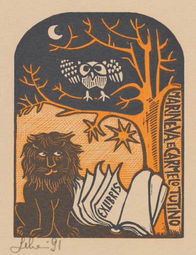 Exlibris by Maria Elisa Leboroni from Italy for Marineva e Carmelo Tutino - Fauna Tree Owl 