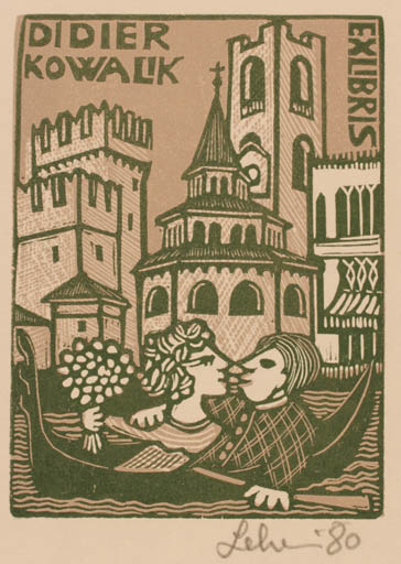 Exlibris by Maria Elisa Leboroni from Italy for M. Didier Kowalik - City Couple Romance Ship/Boat 