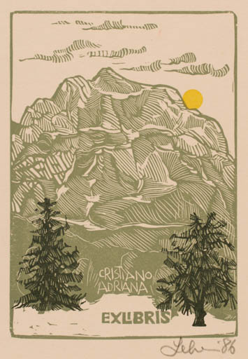 Exlibris by Maria Elisa Leboroni from Italy for Christiano Adriana - Mountain Sun 