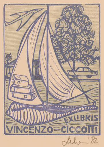 Exlibris by Maria Elisa Leboroni from Italy for Dr. Vincenzo Ciccotti - Ship/Boat 