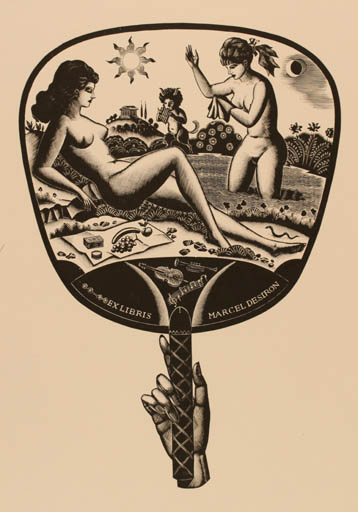 Exlibris by Italo Zetti from Italy for Marcel Destron - Woman Pan/Faun Sun 