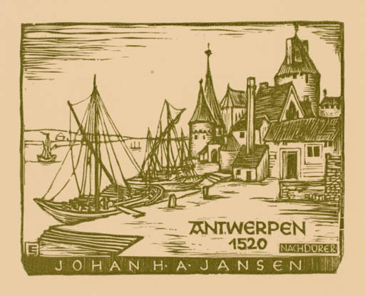 Exlibris by Erich Schöner from Austria for Johan H. A. Jansen - City Ship/Boat 