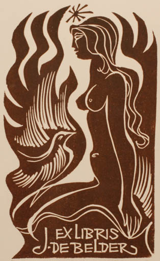 Exlibris by Ladislav Rusek from Czech Republic for Josef De Belder - Bird Woman Nude 