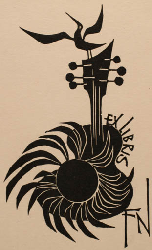 Exlibris by Ladislav Rusek from Czech Republic for ? F. N. - Bird Music Sun 