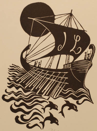 Exlibris by Ladislav Rusek from Czech Republic for ? J. L. - Fauna Monogram Maritime Ship/Boat Sun 