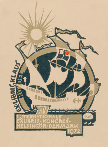 Exlibris by Anatolij Kalaschnikow from Russia for Klaus Rödel - Exlibris Congress Ship/Boat Sun 