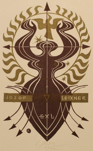Exlibris by Ladislav Rusek from Czech Republic for Josef Leixner - Fauna Bird Cosmos Woman 
