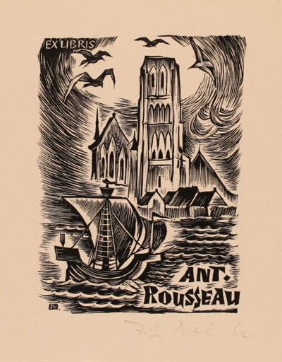 Exlibris by Johann Naha from Germany for Antoine Rousseau - Church Ship/Boat 