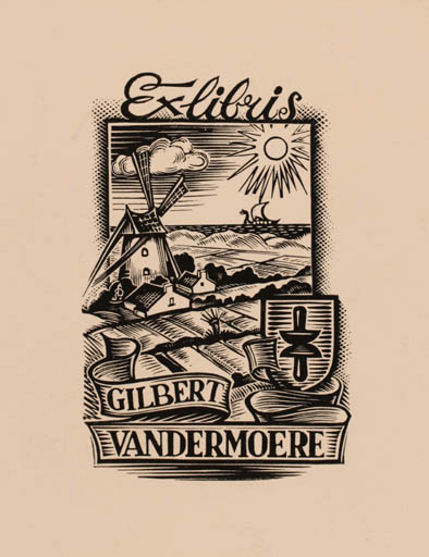 Exlibris by Luc de Jaegher from Belgium for Familie Gibert Vandermoore - Scenery/Landscape Mill Sun 