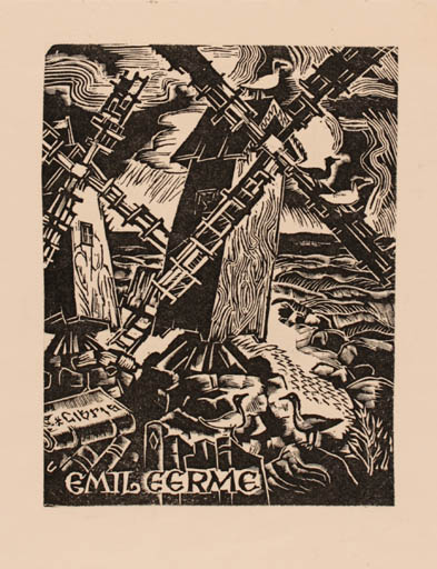 Exlibris by Peteris Upitis from Latvia for Emil Eerme - Scenery/Landscape Mill 