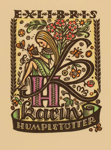 Exlibris by Otto Feil from Austria for Karin Humplstötter - Flower Woman Monogram 